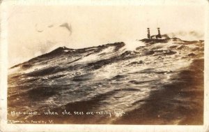 RPPC Man-o-War Seas Are Rolling High Naval Battleship c1910s Vintage Postcard