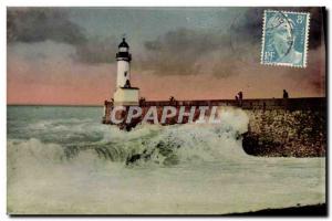 Old Postcard Lighthouse in stormy weather Treport