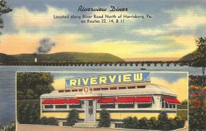 Harrisburg PA Riverview Diner Located along Susquehanna River Linen Postcard 