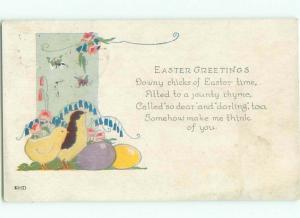 Pre-Linen easter CHICKS STANDING BESIDE COLORED EGGS k2688