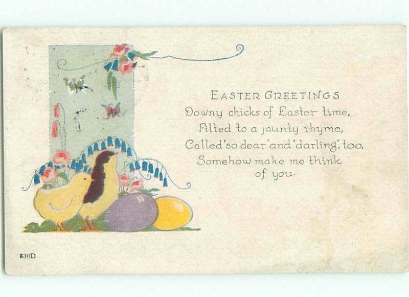 Pre-Linen easter CHICKS STANDING BESIDE COLORED EGGS k2688