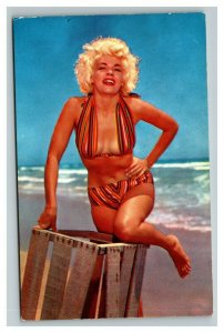 Vintage 1960's Risqué Postcard Beautiful Blonde Girl Colorful Bikini Beach