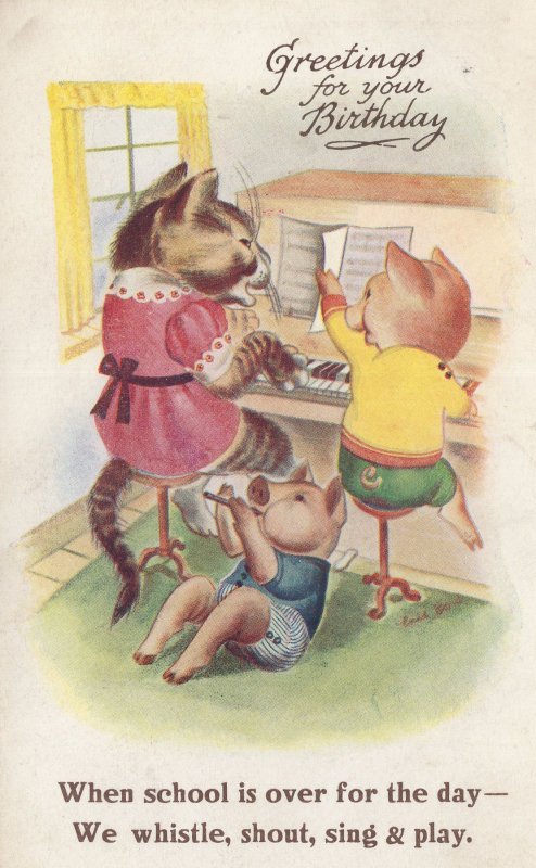 Piggy Pigs Cat Piano Music Lesson After School Old Postcard