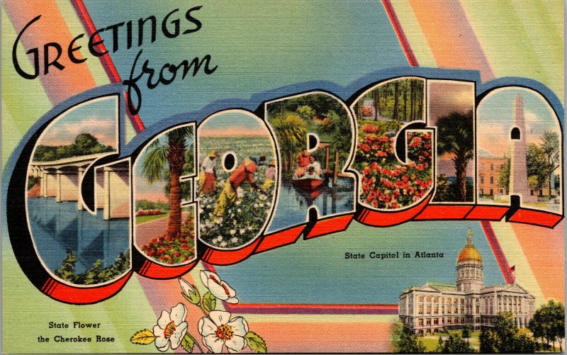 Vtg 1940s Large Letter Greetings Georgia GA State Capitol Unused Linen Postcard