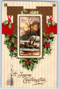 Christmas Postcard Holly Berries Winter Scene Clapsaddle Embossed Manistee MI