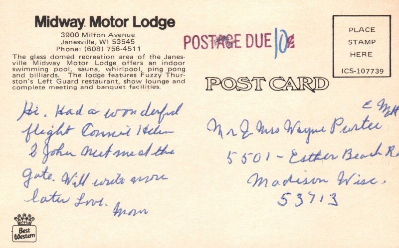Vintage Postcard View of Midway Motor Lodge Janesville Wisconsin WI