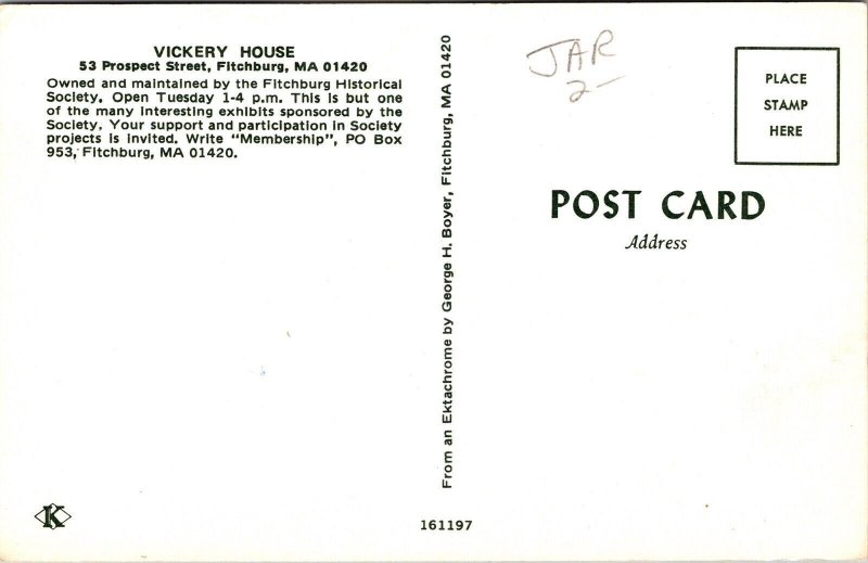 Historical Vickery House 53 Prospect Street Fitchburg MA Postcard Unused UNP