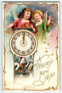New Years Postcard Raphael Tuck Cherub Angles Clock Village Series 145 Embossed