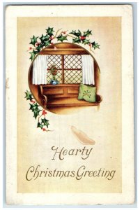 1916 Christmas Greeting Holly Berries Window Willard New York NY Posted Postcard