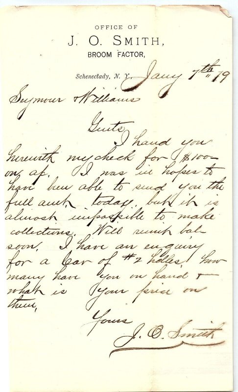 1879 SCHENECTADY NEW YORK J.O. SMITH BROOM FACTOR LETTER BILLHEAD Z4229