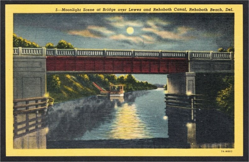 Rehoboth Beach DE Canal Bridge Full Moon 1940s Linen Postcard