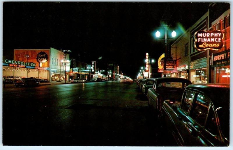KANSAS CITY, KS   Night Neon  MINNESOTA AVENUE Street Scene  c1950s  Postcard