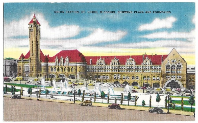 Union Station, St. Louis, Missouri, showing Plaza and Fountains, unused linen