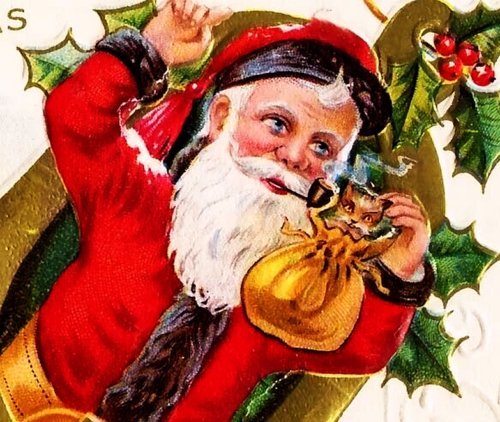 Antique SANTA CLAUS Postcard~Christmas~GOLD BELL~PIPE~KITTY CAT~DRAWSTRING BAG