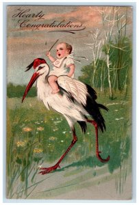 1908 Heart Congratulations Stork Baby Shriners Embossed Chicago IL Postcard 