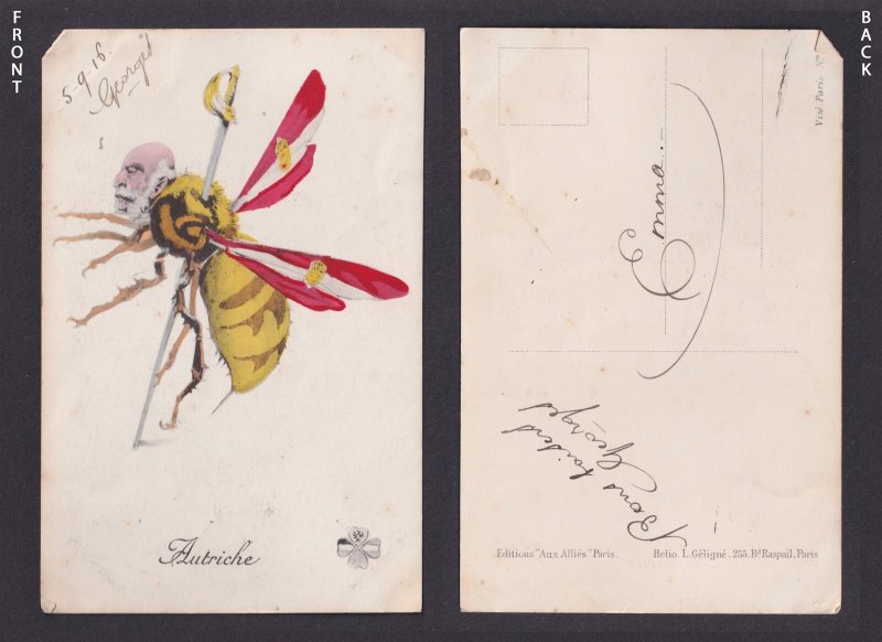 Propaganda postcard, Bugs & Butterflies, Franz Joseph I Austria, Satire, WWI