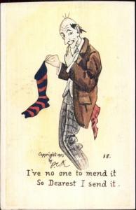 PCK Comic - Bald Single Man No One to Mend Sock c1905 Postcard