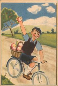 Old  health propaganda C Vitamin table on backside Hungary bicycle boy fruits