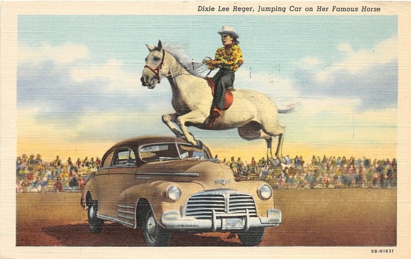 J11/ Cowboy Postcard c1910 Dixie Lee Reger Cowgirl Jumping Car Horse 26 