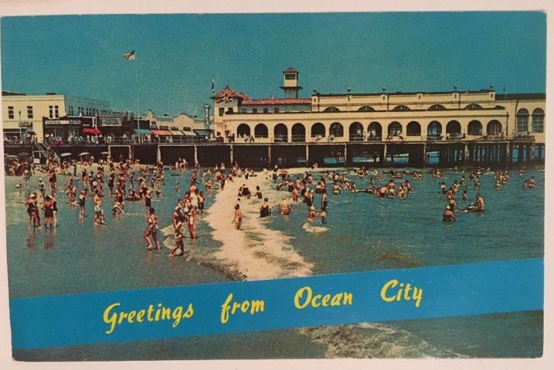 Greetings From Ocean City NJ Postcard Beach Crowd Music Pier Boardwalk