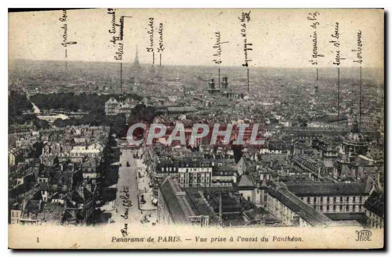 Old Postcard Panorama View of Paris has taken western Pantheon