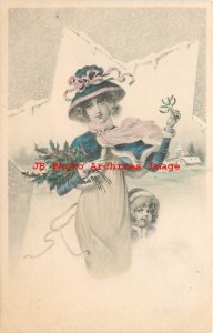 Christmas, F.M. No 2193, Pretty Woman Holding Holly & Mistletoe Walks with Girl