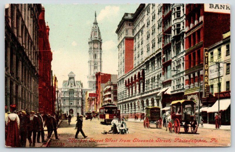 Philadelphia PA~Market St @ 11th~Bank~Joseph Way Cigar Store~Shoe~Trolley~1909