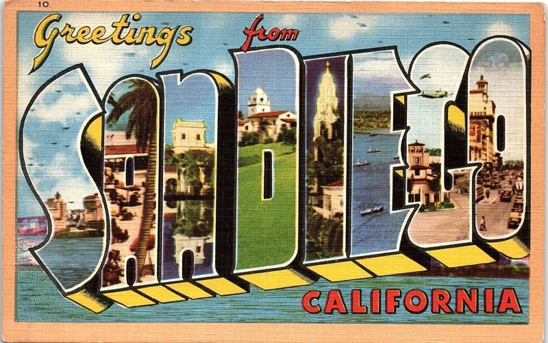 c1935 SAN DIEGO CALIFORNIA GREETINGS FROM SAN DIEGO LINEN POSTCARD 41-94