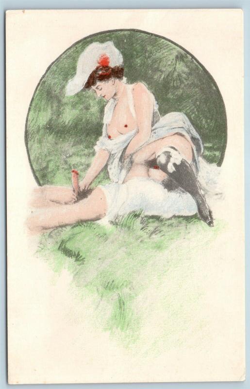 Postcard French Risque Man Woman Nude Action Cartoon Comic Together in Park Q16