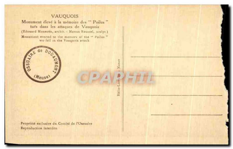 Old Postcard Vauquois high Monument La Memoire of French soldiers killed in t...