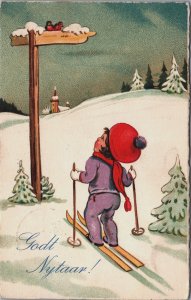 Happy New Year Boy On Skis, Godt Nytar! Vintage Postcard C130