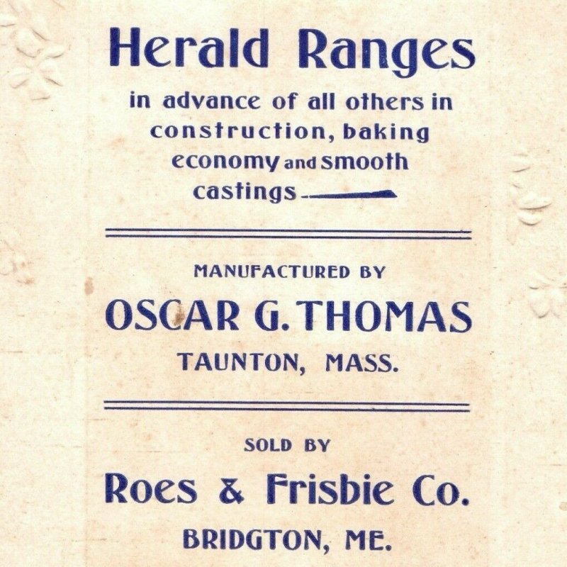 c1900s Bridgton ME Roes & Frisbie Herald Ranges Trade Card Oscar Thomas Vtg C12