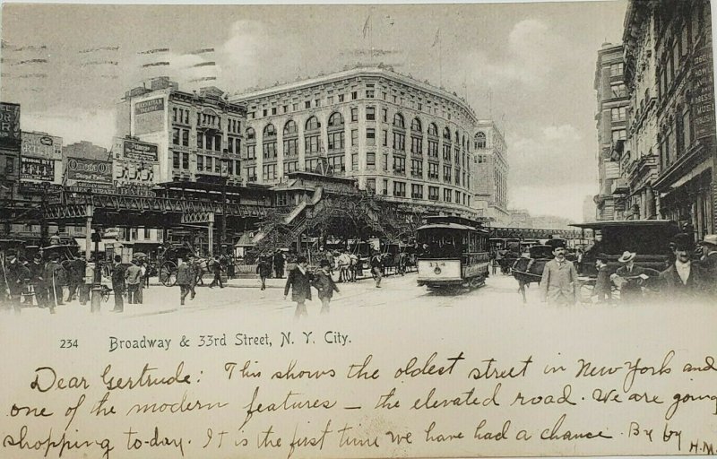 c.1906 New York City NY Broadway & 33rd Street Elevated Road Trolley Horse Buggy