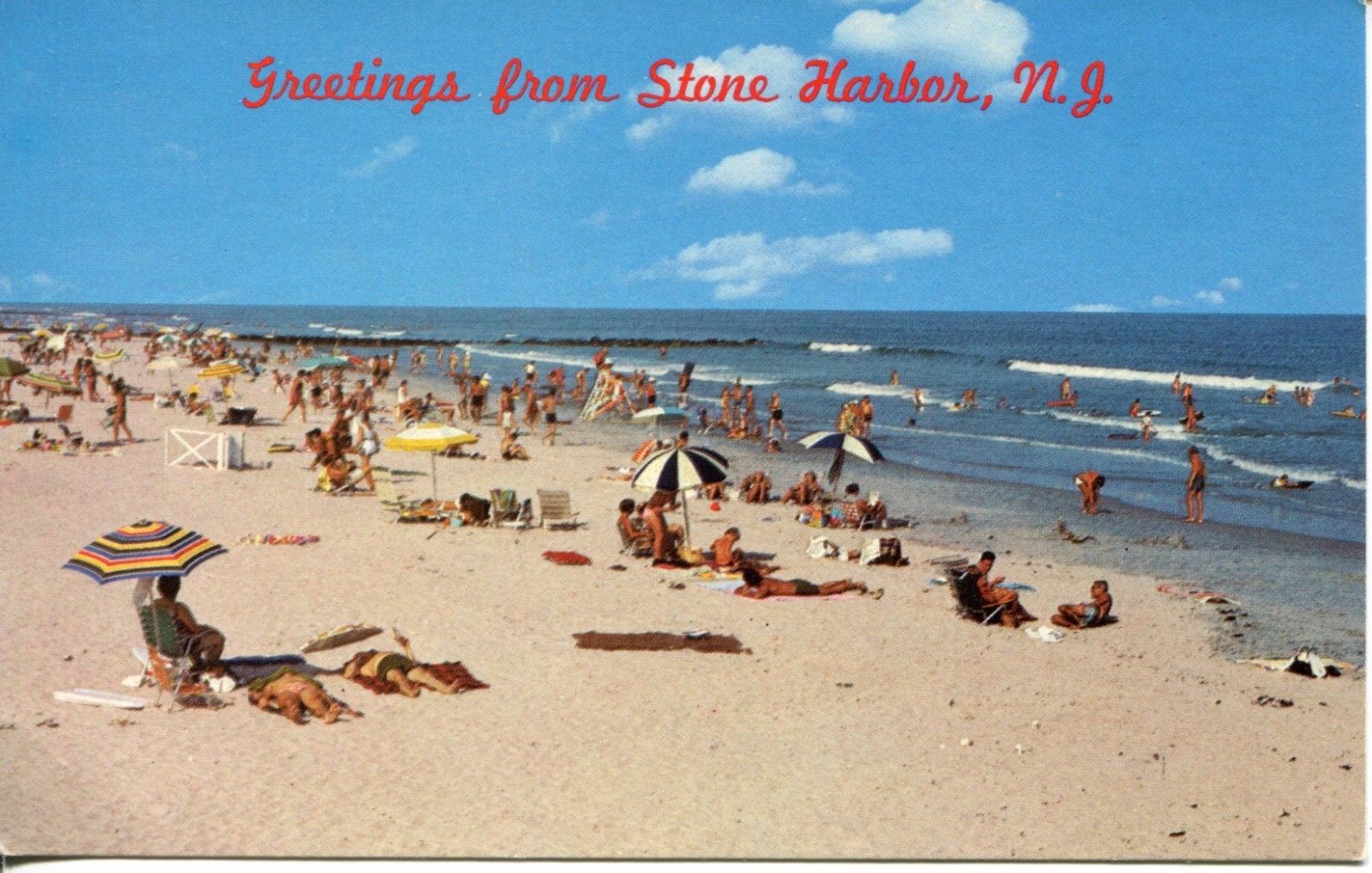 Stone Harbor New Jersey NJ Beach Scene Waves People c.1960 Postcard