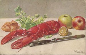 Lobster with Fruit, Art, Food, German Litho 1920's