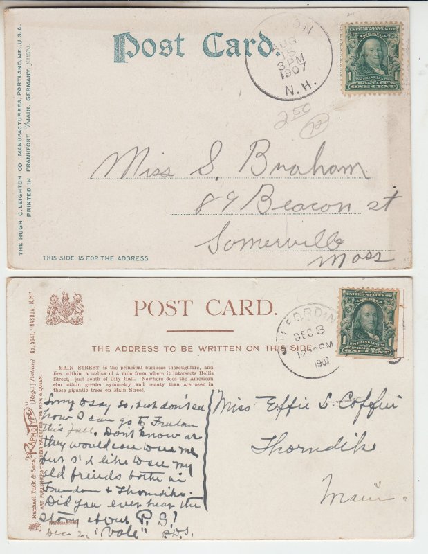 P2083, 2 dif 1907 postcards trolly horse & wagons etc main street nashua NH