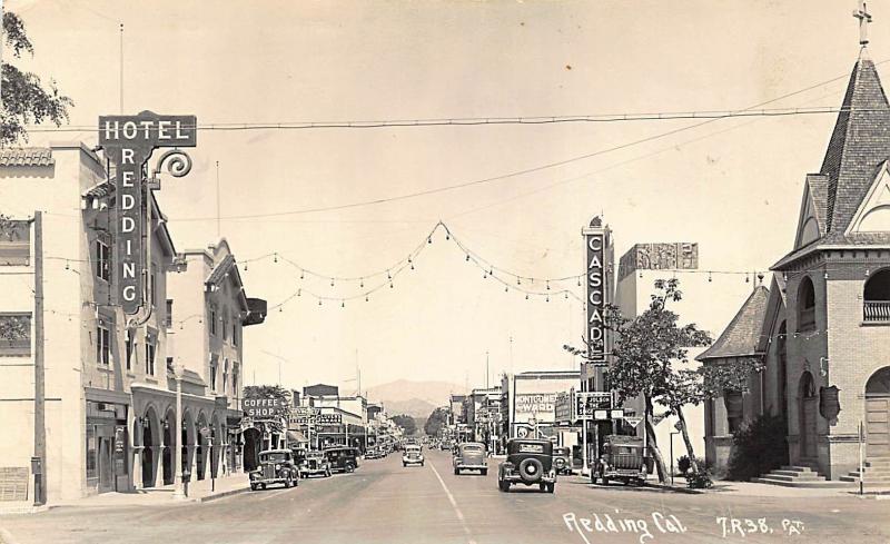 Redding CA Cascade Movie Marquee Theatre Al Jolson Storefronts Old Cars RPPC