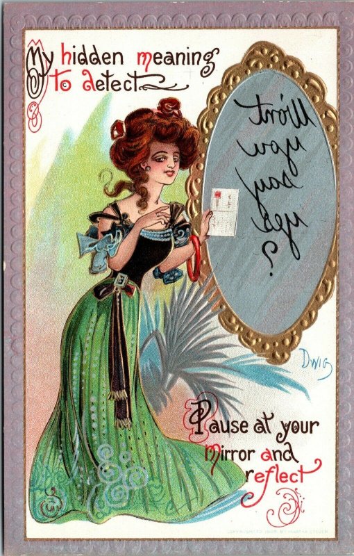 Vtg Artist Signed Dwig Dwiggins Hidden Mirror Message Won't You Say Yes Postcard 