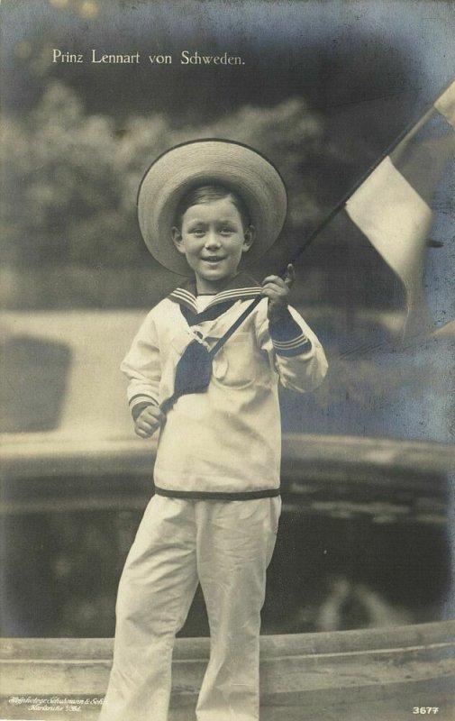 sweden Prince Lennart Bernadotte with Flag 1910s RPPC Postcard