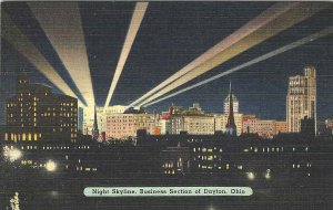 1940's Night Skyline, Business Section of Dayton, Ohio Linen Postcard