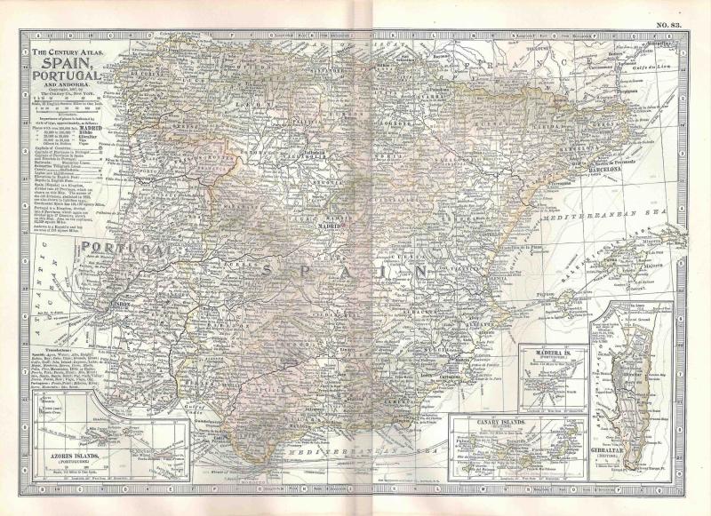 VINTAGE MAP Spain & Portugal c1897 from Century Atlas