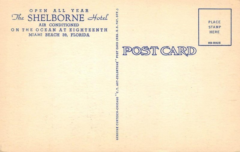 Miami Beach, Florida THE SHELBORNE HOTEL Pool 1940s Linen Vintage Postcard