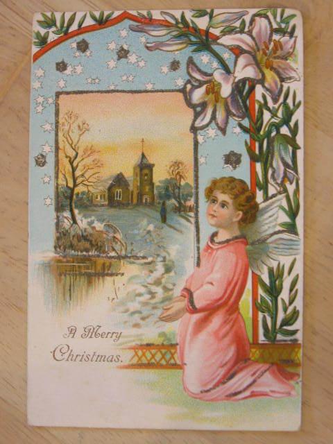 Christmas - Angel Child & Church c1910 Glitter Postcard