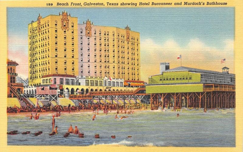 Galveston Texas~Hotel Buccaneer & Murdoch's Bathhouse~People @ Beach Front~1938