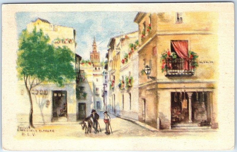 c1920s Seville, Spain Barrio Santa Cruz Street Church Tower Balcony Donkey A359