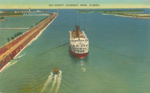 Miami Florida County Causeway, Boats 1940 Linen Postcard Buy US Bonds Cancel