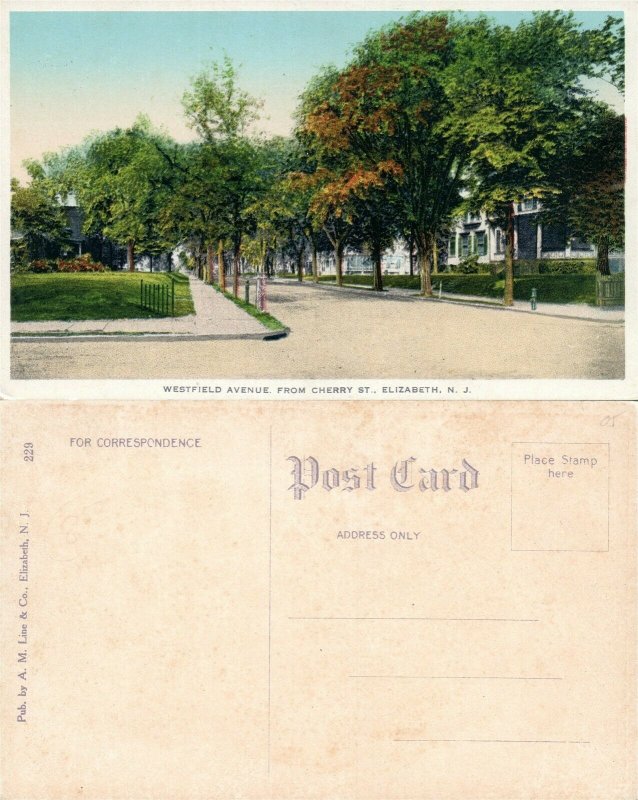 ELIZABETH N.J. WESTFIELD AVENUE FROM CHERRY STREET ANTIQUE POSTCARD