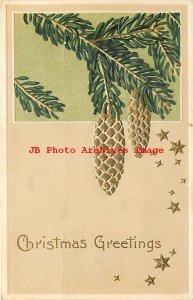 Christmas, PFB No 7864-2, Two Pine Cones Hanging from Pine Tree Needles, Stars