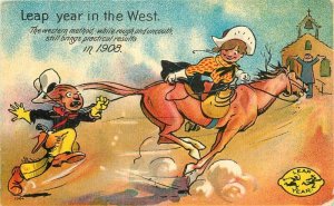 1908 Leap Year Cowgirl roping a man comic humor #1064 Postcard 22-5740