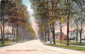 Lockport New York~Locust Street~Lady & Girl on Sidewalk~Trolley~Houses~1917 Pc